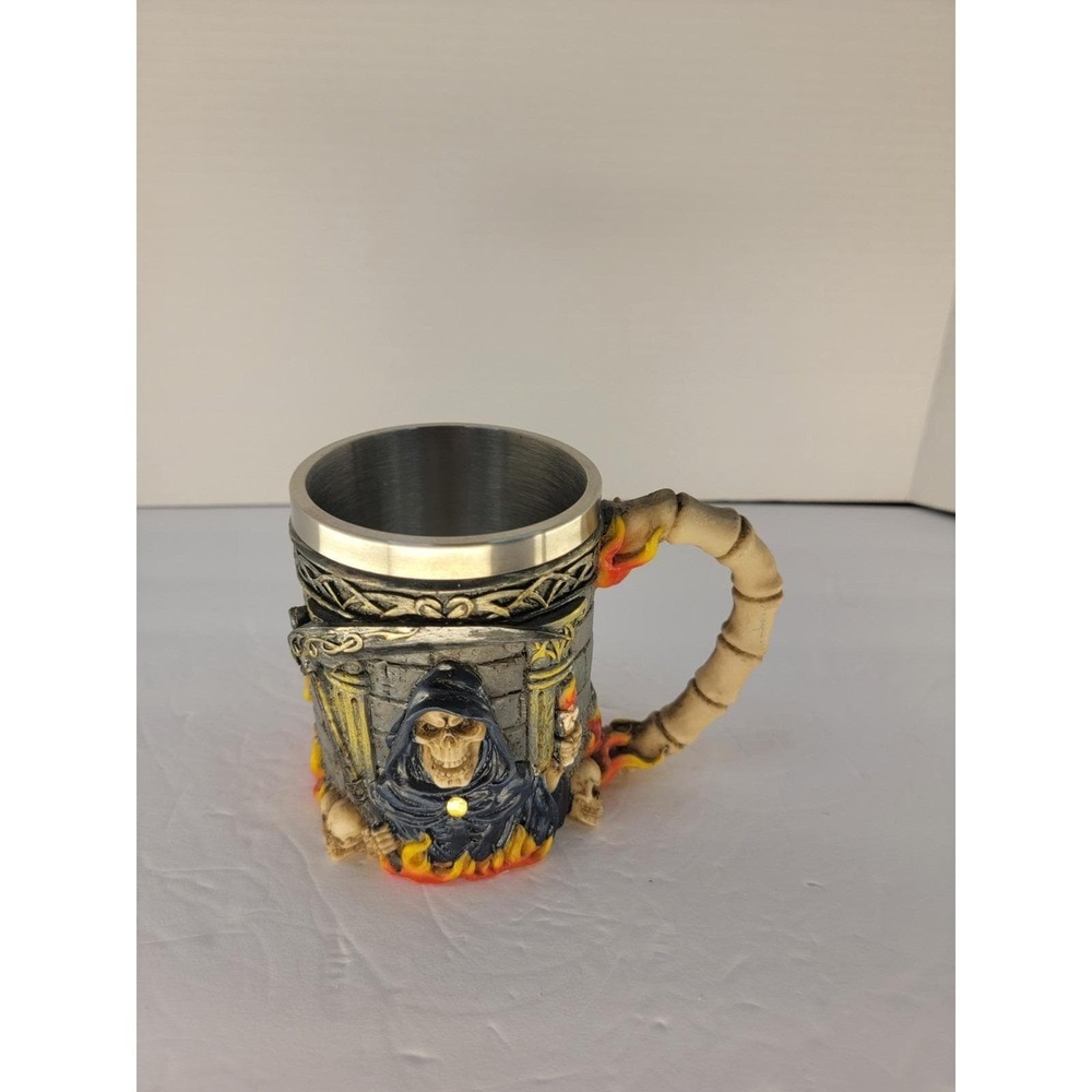 Grim Reaper Gothic Tankard Mug Skull Bone Handle Stainless Steel Lined Beer - Picture 5 of 6
